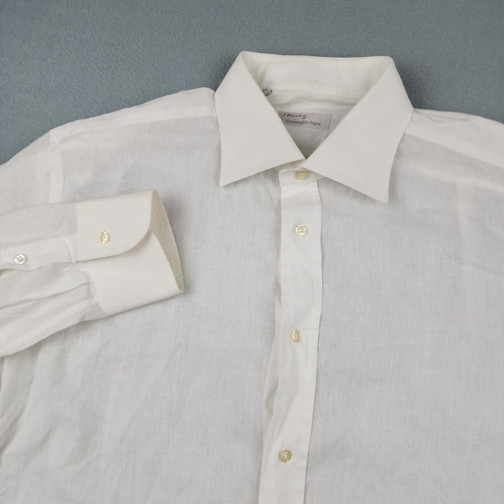 Ermenegildo Zegna Shirt Mens 17 3/4 45 White Linen Dress Long Sleeve Button Up